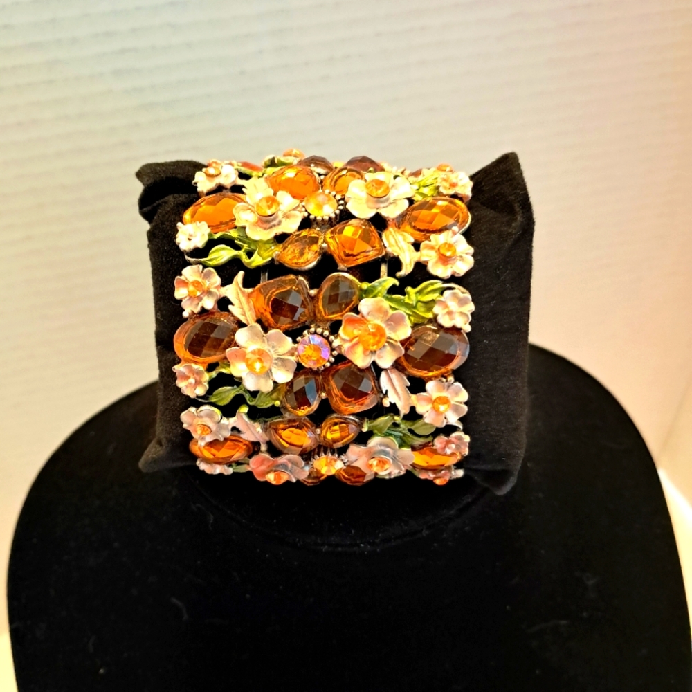 Floral Orange Green and White Chunky Hinged Cuff Bracelet